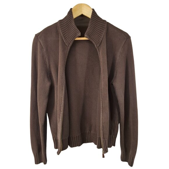 Ralph Lauren Chocolate Brown Full-Zip Ribbed Collar Knit Cardigan Sweater Medium - Picture 4 of 5